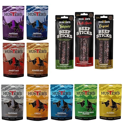 Hunters Beef Snack 12 Pack Combo – 28g Beef Biltong, 28g Beef Jerky, 40g Beef Sticks Droewors, High Protein, low carb, Thin sticks of authentic Beef Droewors, Convenient Snack