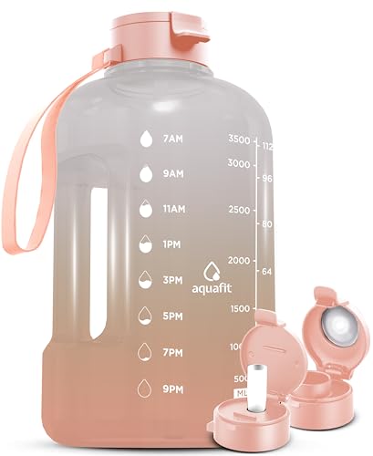 AQUAFIT 1 Gallon Water Bottle with Time Marker - Straw & Chug Lid - Big Water Bottle with Straw - BPA Free Gym Water Bottle with Handle - Gallon Water Jug, Bike Water Bottles (128 oz, Nude) - 128 oz - Nude