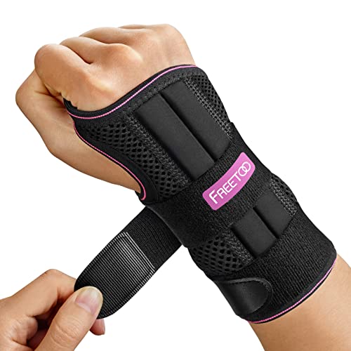 FREETOO Wrist Brace for Carpal Tunnel Relief Night Support , Maximum Support Brace with 3 Stays for Women Men , Adjustable Wrist Support Splint for Right Left Hands for Tendonitis, Arthritis , - Rose Red S/M(Wrist size：5.1"-7.9") - Right