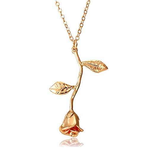 Rose Flower Pendant Necklace 18K Gold Plated Silver Rose Jewelry Gift for Women Girl - Gold