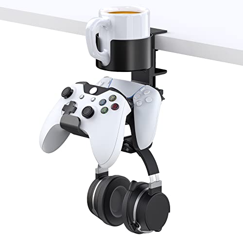 TOCiTAA 2023 New Controller Holder with Headphone Hanger, 3 in 1 Desk Cup Holder with Headphone Stand, Controller Stand Gaming Accessories, Game Controller Stand Holder for Xbox, PS4, PS5, PC, Switch