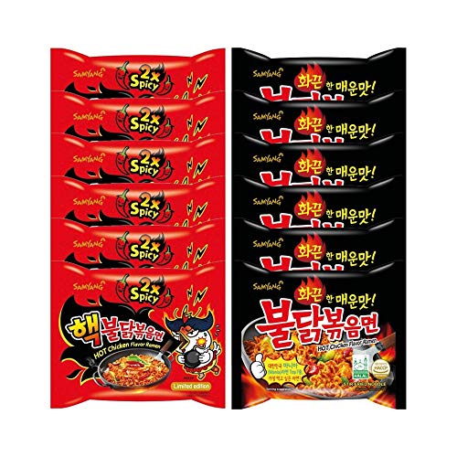 Samyang Fire Noodle Set - Hot Chicken Ramen | 6 x140g Extreme DOPPEL ( Rot), Original (Schwarz) | Vorteilspack 12 Portionen | inkl. 6 Paar Stäbchen