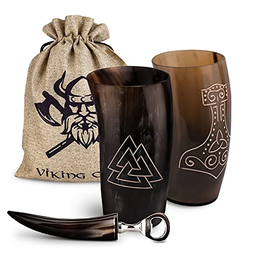 VIKING CRAFT® Trinkhorn Wikinger Hornbecher 2x ca. 350ml - Große Wikinger Becher für Deinen Wikinger Met Honigwein - Wikinger Deko, Met Becher, Horn Set, Mittelalter Bierkrug, LARP - 2x350ml