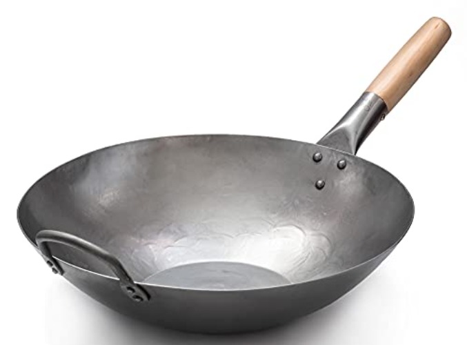 Craft Wok 731W316 Pow-Wok, flach, handgehämmerter Karbonstahl, mit Holz- und Stahlgriff, 35,6 cm, flacher Boden, flach, 731W316 - 14-inch