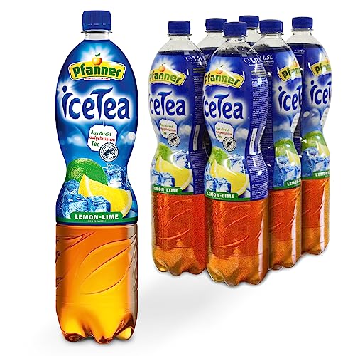 Pfanner Eistee Zitrone im Vorratspack – Direkt aufgebrühter Schwarztee kombiniert mit Limettensaft und Zitronensaft (6 x 1,5 l) - Lemon-Lime