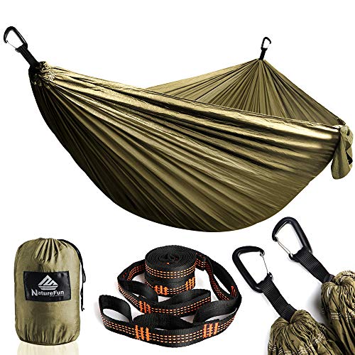 NATUREFUN Ultraleichte Reise Camping Hängematte | 300kg Tragkraft Fallschirm Nylon Atmungsaktiv, Schnelltrocknendes| 2 x Karabiner,2 x Schlingen| Drinnen Draußen Garten - 300x200cm - 300 X 200 Cm Armee Grün