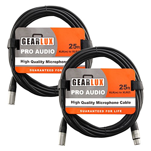 Gearlux XLR Microphone Cable, Fully Balanced, Male to Female, Black, 25 Feet - 2 Pack - 2 Pack - 25 Ft