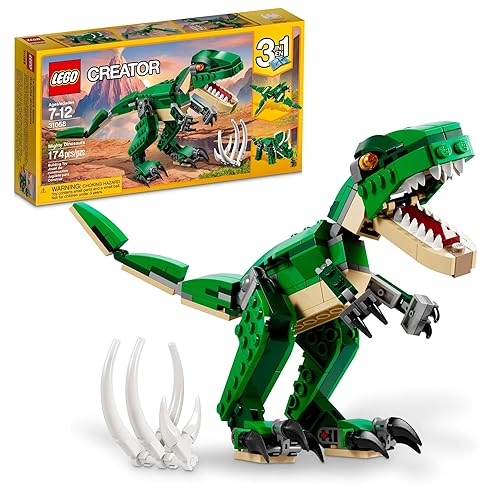 LEGO Creator 3 in 1 Mighty Dinosaur Toy, Transforms from T. rex to Triceratops to Pterodactyl Dinosaur Figures, Great Gift for 7-12 Year Old Boys & Girls, 31058 - Multicolor