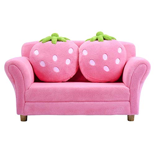 Costzon Kids Couch, Double Seat Pink Children's Sofa with 2 Strawberry Pillows, Toddler Armrest Chair for Bedroom, Living Room, Large Soft for Kids Loveseat Toy for Baby Girls Gifts Presents (Pink) - Pink