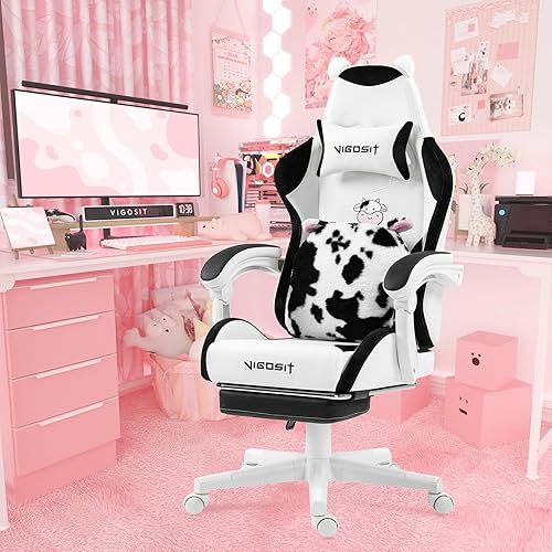 Vigosit Cute Gaming Chair with Lumbar Cushion and Decorated Ears, Ergonomic Computer Chair with Footrest, Reclining PC Game Chair for Girl, Teen, Black White - Cow Black White