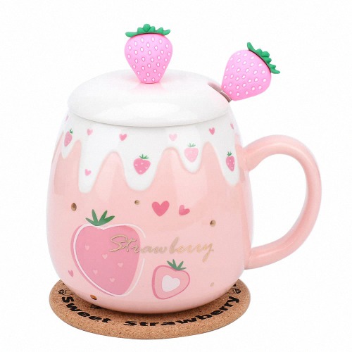 Pink Mug,Cute Strawberry Cup with Cover Spoon,Ceramic Coffee Mug, Kawaii Cup for Tea Milk,Women Girls Student Korean Style 450ML Christmas Birthday Gift (Big Strawberry)