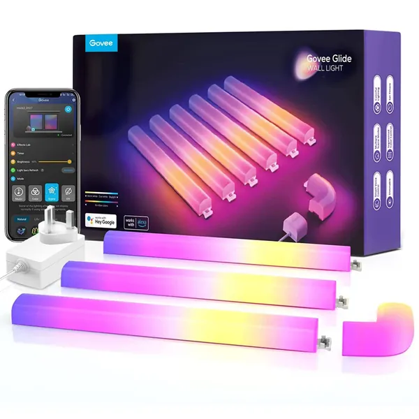 Govee Glide RGBIC Smart Wall Light, Music Sync LED Gaming Light with 40+ Dynamic Scenes for Decoration, Alexa and Google Assistant, 6 Pcs and 1 Corner