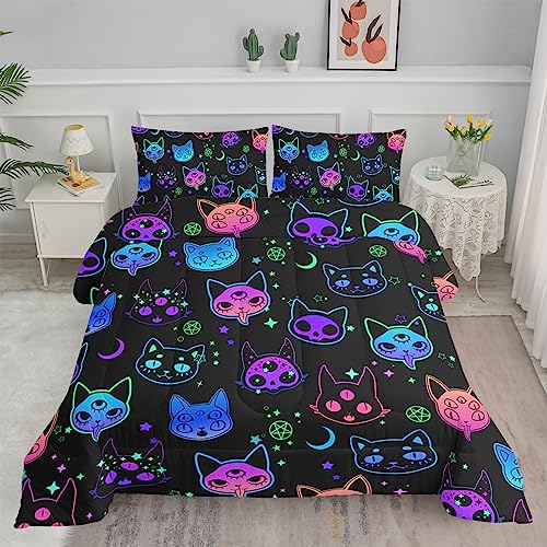 Axolotl Cat Comforter Set Twin,Kawaii Trippy Cat Moon Stars Bedding Set with 1 Comforter 2 Pillowcases for Kids Boys Girls Teens Adults Room Decor All Season,Colorful Neon Trippy Bed Set - A-cat-07 - Twin