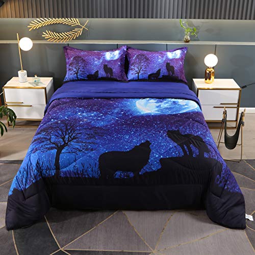 Wowelife Wolf Twin Comforter Set 5 Piece Wolf Bedding Set Blue Kids Twin Bedding Sets with Sheets Galaxy Wolves Bed in a Bag for Girls Boys with Comforter, Flat Sheet, Fitted Sheet and 2 Pillowcases - Dark Blue - Twin