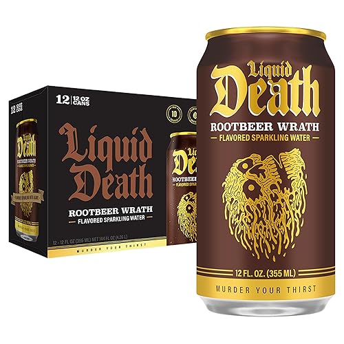 Liquid Death, Rootbeer Wrath, Root Beer-Flavored Sparkling Water, 12-Pack (12oz Cans), Low Calorie & No Artificial Sweeteners - Rootbeer Wrath - 12 Fl Oz (Pack of 12)