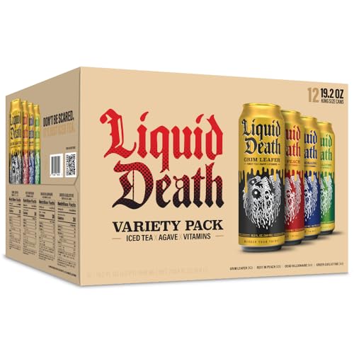 Liquid Death, Iced Tea Variety Pack (Grim Leafer, Rest in Peach, Dead Billionaire, and Green Guillotine), 12-Pack (King Size 19.2oz Cans), Tea Sweetened With Real Agave, B12 & B6 Vitamins, Low Calorie & Low Sugar - Variety Pack - 12 Pack
