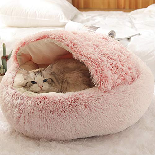 Ndier Flauschiges Katzenbett, rund, weiches Plüsch, Höhle mit Kapuze, Katzenbett, für den Winter, warm, Schlafkissen, rutschfest, maschinenwaschbar, für Katzen und Welpen - Pink-50cm