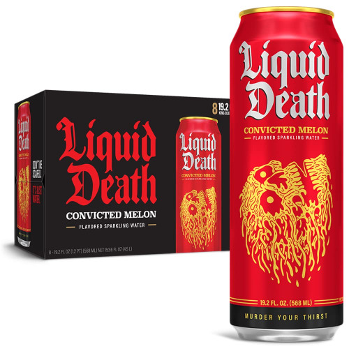 Liquid Death Sparkling Water, Convicted Melon 19.2 oz King Size Cans (8-Pack) - Convicted Melon - Sparkling 8 Pack (19.2 oz)