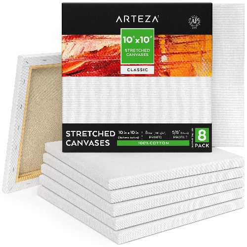 Arteza Stretched Canvas, Pack of 8, 10 x 10 Inches, Square Blank Canvases, 100% Cotton, 8 oz Gesso-Primed, Art Supplies for Acrylic Pouring and Oil Painting - White 10"x10"