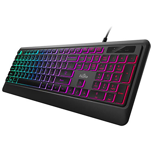Fiodio Rainbow Membrane Gaming Keyboard, Quiet Wired Computer Keyboard, 104 Silent & 26 Anti-Ghosting Keys, Spill Resistant, Multimedia Control for PC and Desktop - Gaming