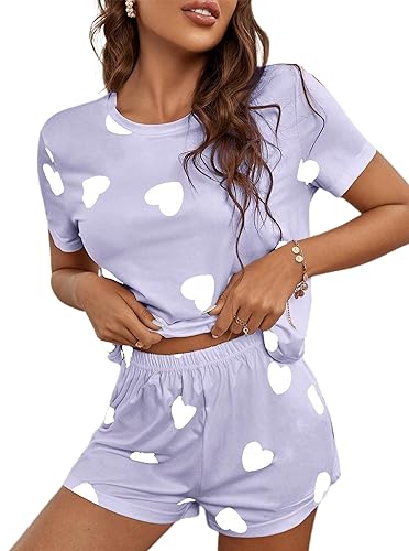 Hilinker Womens Cute Graphic 2 Piece Pajamas Short Sleeve Top with Shorts Comfy Loung Set - Small - Purple White Heart