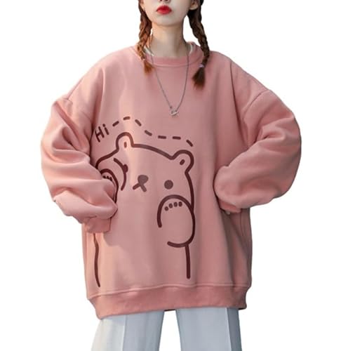 Tyadorw Kawaii Bear Print Oversized Sweatshirt for Women Cute Long Sleeve Vintage Crewneck Sweatshirts Pullover Y2K Sweater - Pink - Small