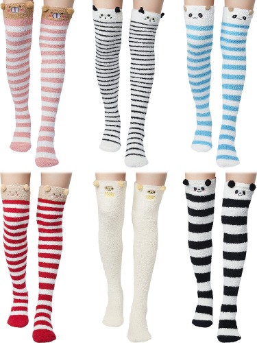 SATINIOR 6 Pairs Women's Thigh High Fuzzy Socks Cute Cartoon Over the Knee Stockings Cartoon Cute Thigh High Socks Fuzzy Socks Stripe Leg Warmers for Girl Lady Women, Multicolor, One Size - 