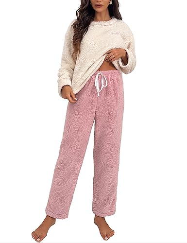 XULEN Women's Fuzzy Fleece Pajamas Set Flannel 2 Piece Winter Warm Comfy Printed Loungewear Sleepwear Pj Sets - Small - White