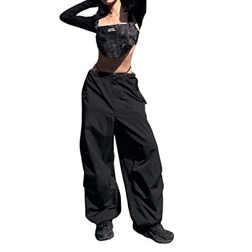 YAHUIUL Cargo Pants Women, Parachute Pants for Women Baggy Low Waist Zipper Y2K Pants Light Baggy Jogger Relaxed - Black 255 - Small