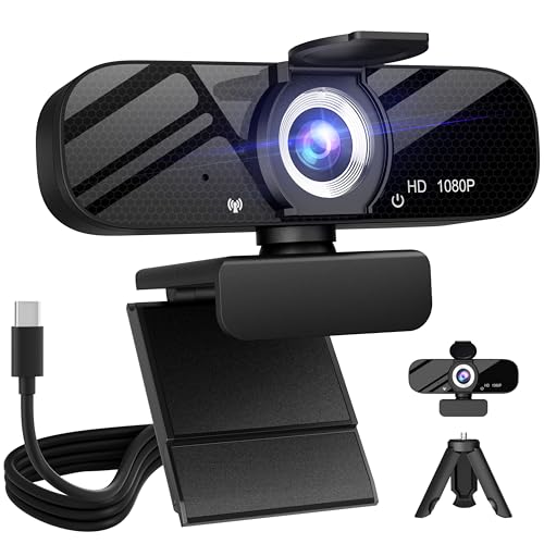 Full HD Webcam with Built-in Microphone and Rotatable Tripod, 1080P Video and Wide Angle Camera, Privacy Cover, for Desktop PC or Laptop Computer - 1080P Webcam with Type-C Cable