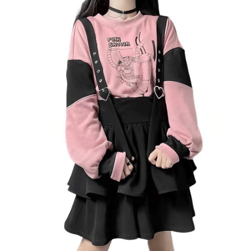 ZLMuMulin Kawaii Harajuku Style Lolita Gothic Fashion Casual Elastic High Waist Vintage A-Line Layered Suspender Skirt - Black - Small
