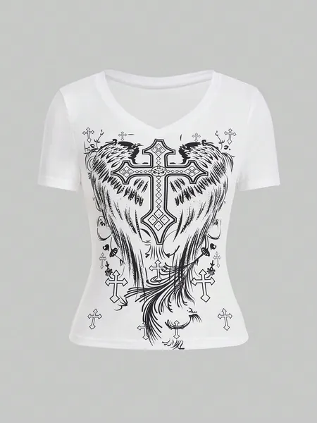 ♡ ROMWE fairycore cross & wings tee