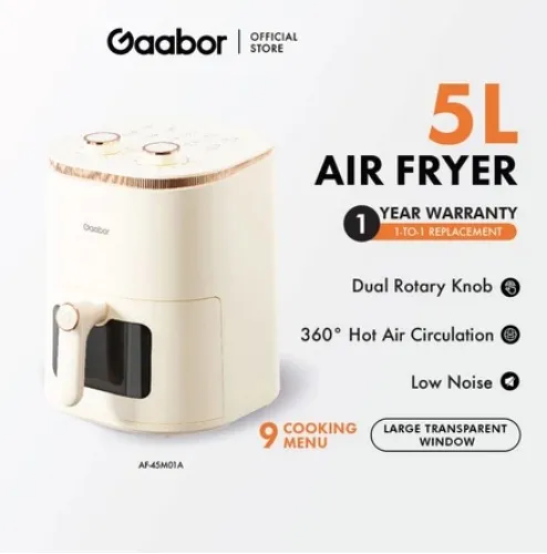 Gaabor 5L High Capacity Air Fryer Whisper Quiet Temperature Control Preset Menus Non-Stick AF-45T01A