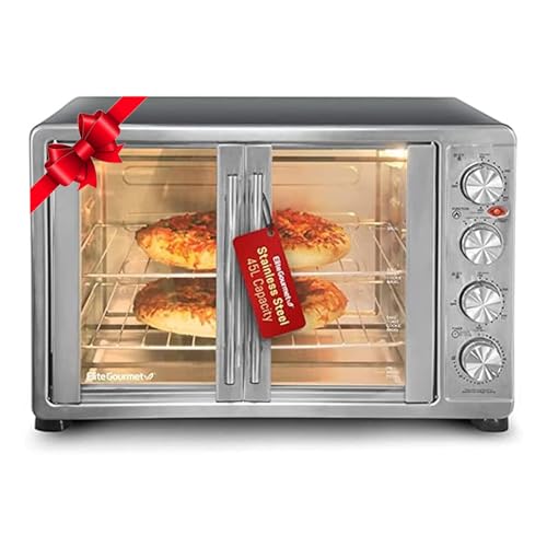 Elite Gourmet ETO-4510M French Door 47.5Qt, 18-Slice Convection Oven 4-Control Knobs, Bake Broil Toast Rotisserie Keep Warm, Includes 2 x 14" Pizza Racks, Stainless Steel - 18-Slice, 45L - With Rotisserie and Convection