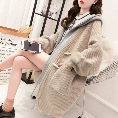 Womens Layered Look Hooded Cardigan - Khaki / One Size