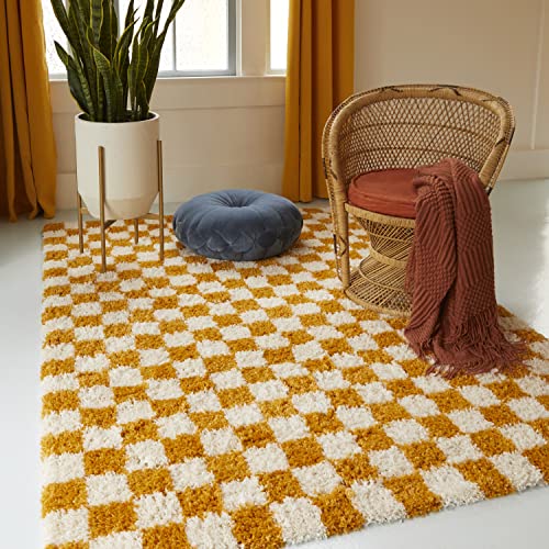 Checkered Shag Rug, Yellow, 5' 3" x 7'