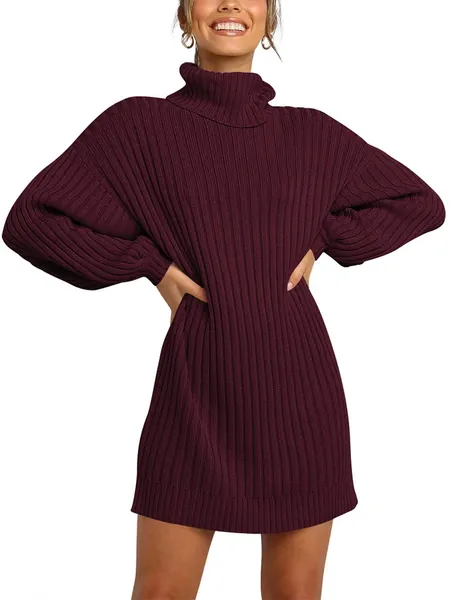 ANRABESS Women Turtleneck Long Lantern Sleeve Casual Loose Oversized Sweater Dress Soft Winter Pullover Dresses - Wine Large