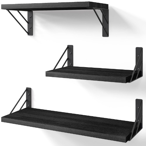 BAYKA Wall Shelves for Bedroom Decor, Floating Wall Shelves for Living Room Kitchen Storage, Wall Mounted Rustic Wood Floating Shelves for Kids Books, Small Shelf for Bathroom(Black，Set of 3) - Black