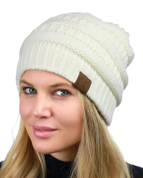 C.C Unisex Chunky Soft Stretch Cable Knit Warm Fuzzy Lined Skully Beanie - Ivory