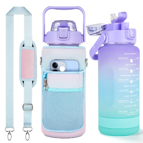 futaiphy 64oz Half Gallon Water Bottle With Sleeve, Water Bottles with Time Marker/Straw/Chug One Lids, Leakproof Tritan BPA Free Reusable Water Jug Easy Carry for Adult and Kids Gym Sports Outdoors