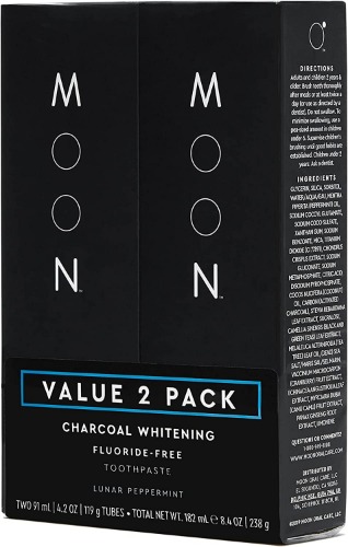 MOON Charcoal Whitening Toothpaste | Elixir X with Coconut for Teeth - Fluoride Free, Lunar Peppermint - 4.2oz (2 Pack)
