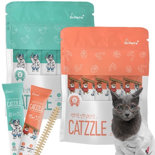 DR.PETRA CATZZLE Cat Treats, Dental Chews for Indoor Cats, Cat Teeth Cleaning, Dental Care Snacks - Variety (2) Bundle (Chicken + Salmon Flavor), 5+5 Sticks (1.25+1.25 oz.)