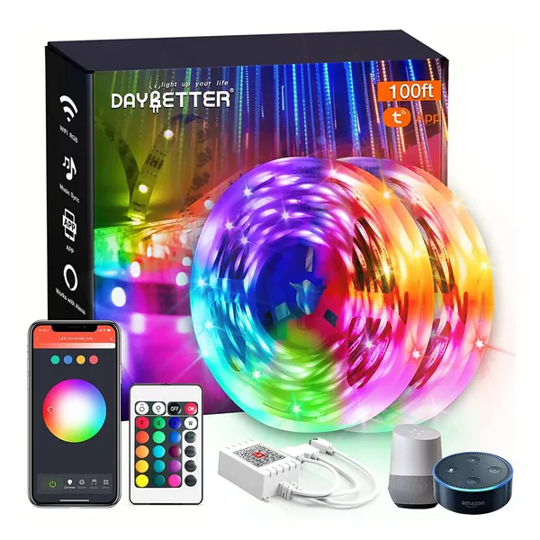 DAYBETTER Smart WiFi Led Lights 100ft, Tuya App Controlled Led Strip Lights, Work with Alexa and Google Assistant, Timer Schedule Led Lights Strip, Color Changing Led Lights for Bedroom Party Kitchen - 100 ft