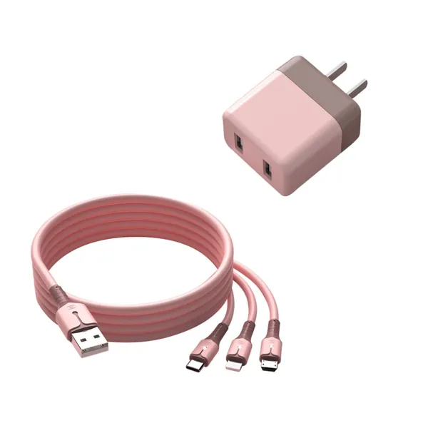 1-Meter Turbo Fast-Charging Charger with 3-Port Cord -  Lightning, Type-C, Micro USB - Blush Pink