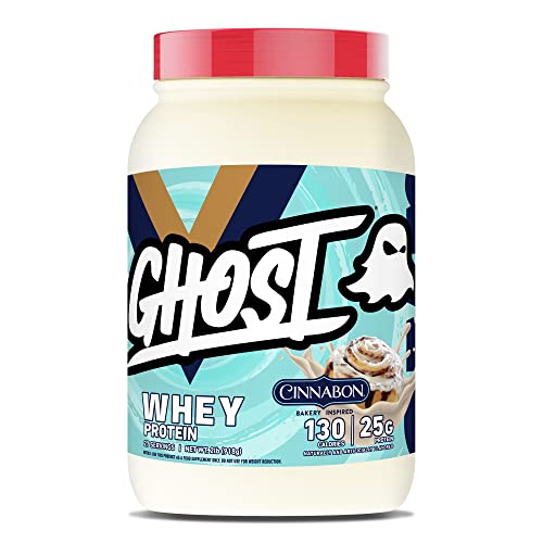 GHOST Whey Protein Powder, Cinnabon - 2LB Tub, 25G of Protein - Cinnamon Roll Flavored Isolate, Concentrate & Hydrolyzed Whey Protein Blend - Post Workout Shakes - Soy & Gluten Free - Cinnabon - Pack of 1