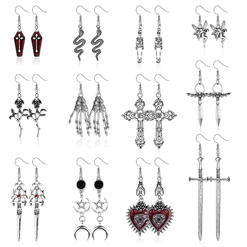 HAIAISO 12 Pairs Gothic Punk Vintage Earrings Set Punk Rock Harajuku Evil Eye Cross Snake Heart Dangle Earrings Goth Retro Silver Earrings Fairy Grunge Earrings for Women Girls - Silver