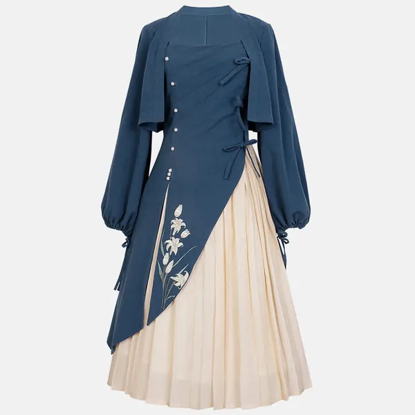 Pure Color Top Floral Embroidery Colorblock Pleated Skirt Hanfu Two Pieces Set