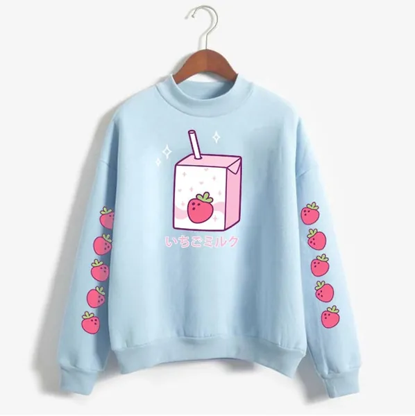 Strawberry Milk Sweatshirt with Sleeves Kawaii Strawberry Sweater Harajuku Hoodie Kawaii Pastel Clothing Lolita Fashion JFashion Yume Kawaii