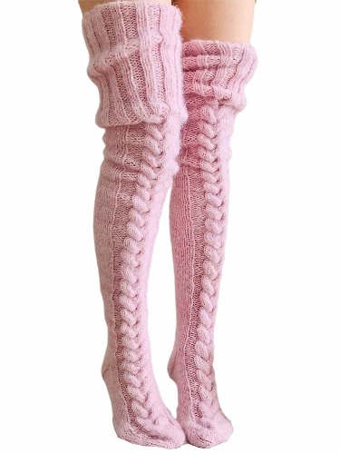 Springcmy Women's Cable Knitted High Boot Socks Extra Long Winter Over Knee Stockings Leg Warmers - Pink