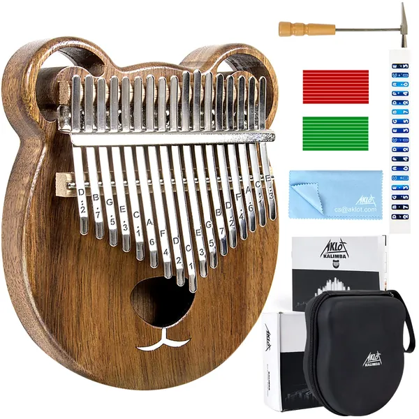 Thumb Piano, AKLOT Bear Kalimba Solid Wood 17 Keys Finger Piano Start Kits with Protective Case Tuning Hammer Study Booklet Cleaning Cloth - brown
